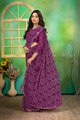Purple Bandhej mirror work saree For Navratri
