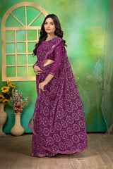 Purple Bandhej mirror work saree For Navratri