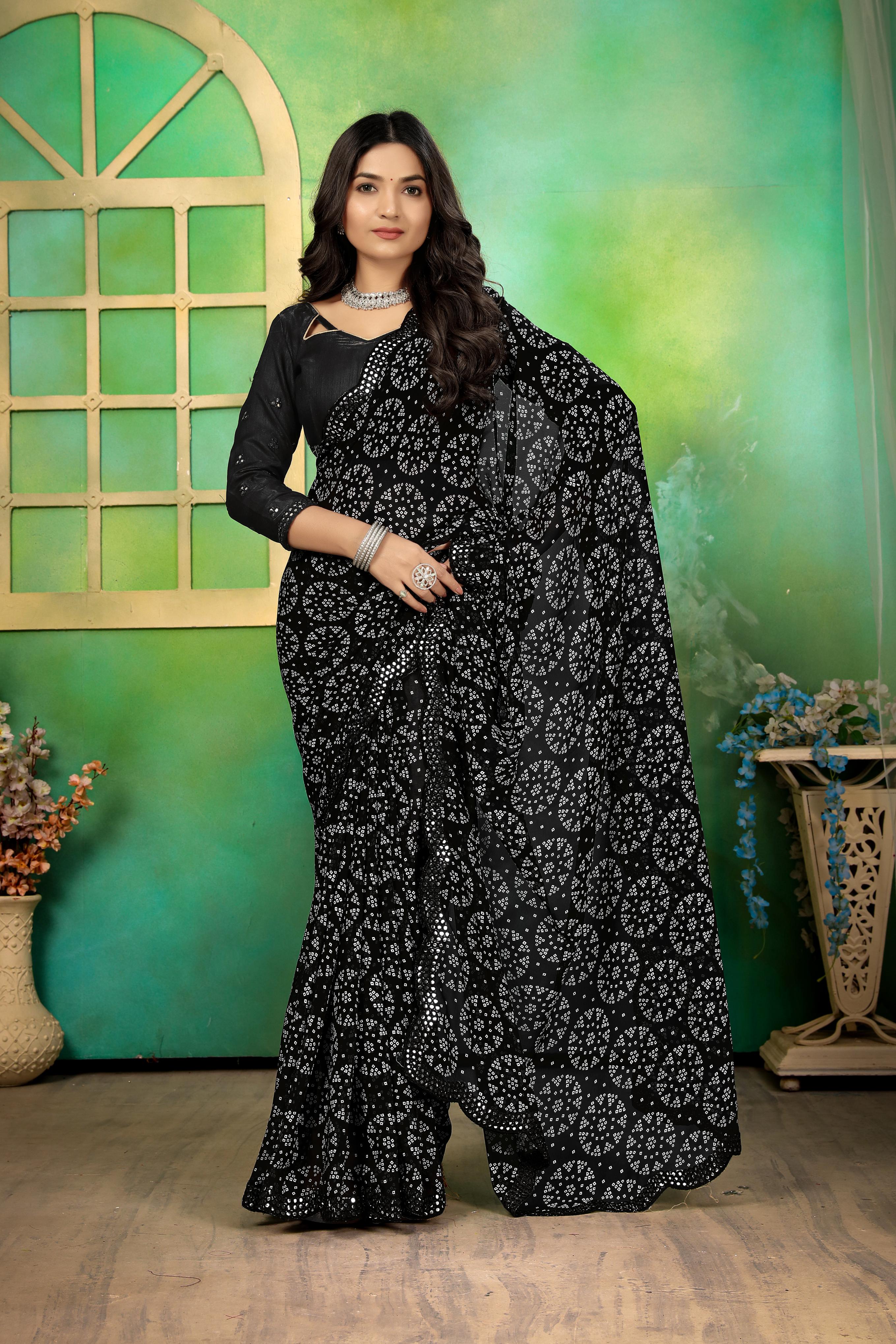 Georgette bandhej mirror work saree