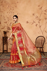 Maroon Tissue Cotton Silk Embroidery Saree