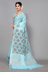 Light Blue Linen Cotton Embroidery Saree