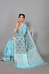 Light Blue Linen Cotton Embroidery Saree