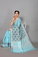 Light Blue Linen Cotton Embroidery Saree