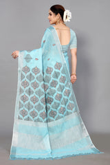 Light Blue Linen Cotton Embroidery Saree
