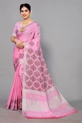 Baby Pink Linen Cotton Embroidery Saree