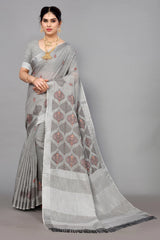 Platinum Grey Linen Cotton Embroidery Saree