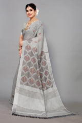 Platinum Grey Linen Cotton Embroidery Saree