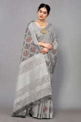Platinum Grey Linen Cotton Embroidery Saree