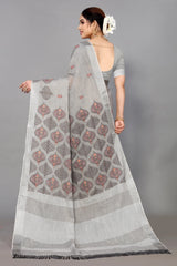 Platinum Grey Linen Cotton Embroidery Saree