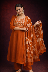 Printed Rustic Orange Pure Cotton Stitched Suit Set