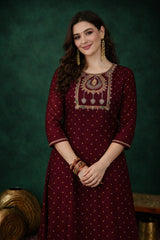Wine Maroon Vichitra Silk Embroidered Stitched Suit Set