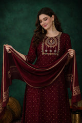 Wine Maroon Vichitra Silk Embroidered Stitched Suit Set