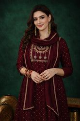 Wine Maroon Vichitra Silk Embroidered Stitched Suit Set