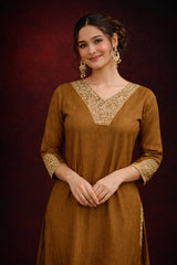 Olive Gold Jacquard Silk Stitched Suit Set