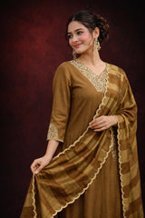Olive Gold Jacquard Silk Stitched Suit Set