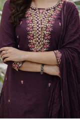 Purple Silk Blend Embroidered Stitched Suit Set
