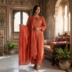 Rust Orange Silk Bandhani Printed Stitched Suit Set