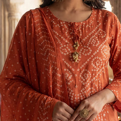 Rust Orange Silk Bandhani Printed Stitched Suit Set