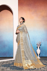 Grey Embroidered Tissue Cotton silk saree
