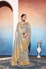 Grey Embroidered Tissue Cotton silk saree