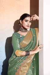 Sea Green Tissue Cotton Silk Sequins Embroidery Saree