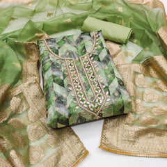 Green Organza Banarasi Handwork Unstitched Suit