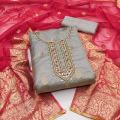 Grey and Red organza banarasi handwork unstitched suit
