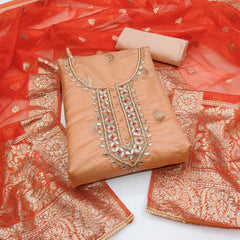 Orange organza banarasi handwork unstitched suit