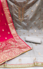 Grey and Red organza banarasi handwork unstitched suit
