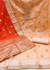 Orange organza banarasi handwork unstitched suit
