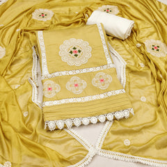 Yellow Premium Silk Embroidery work Unstitched suit