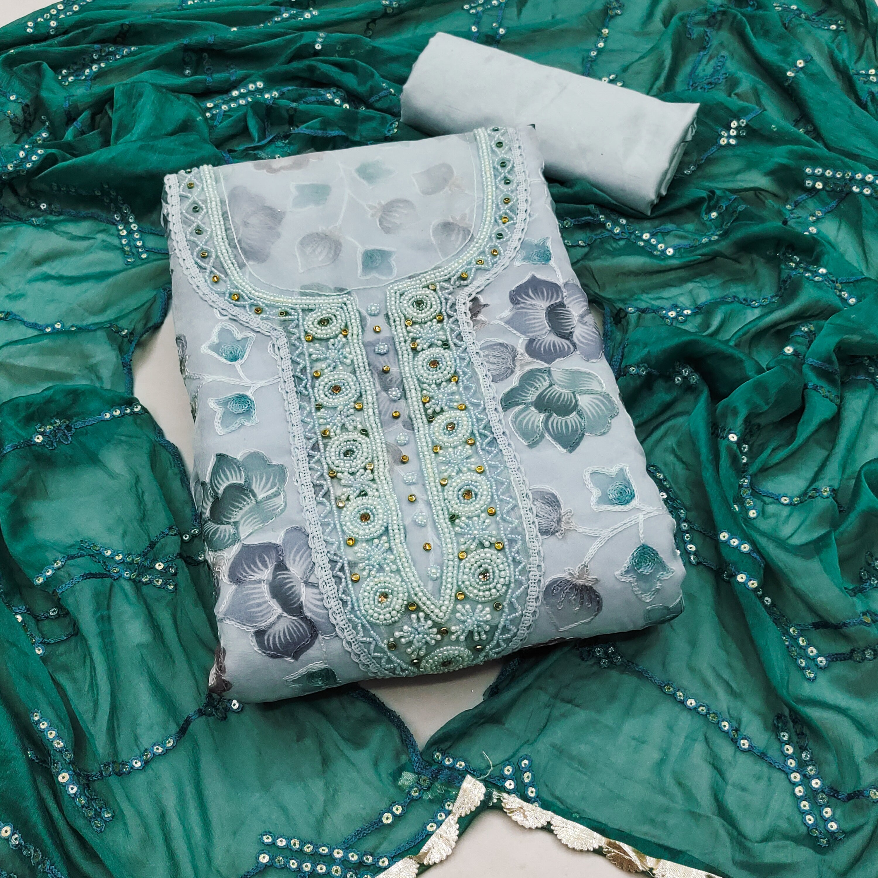 Teal Green Floral viscose Unstitched suit set For women