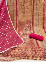 Brown Printed Floral Handwork Embroidered Unstitched Suit