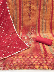 Burnt Orange Printed Floral Handwork Embroidered Unstitched Suit