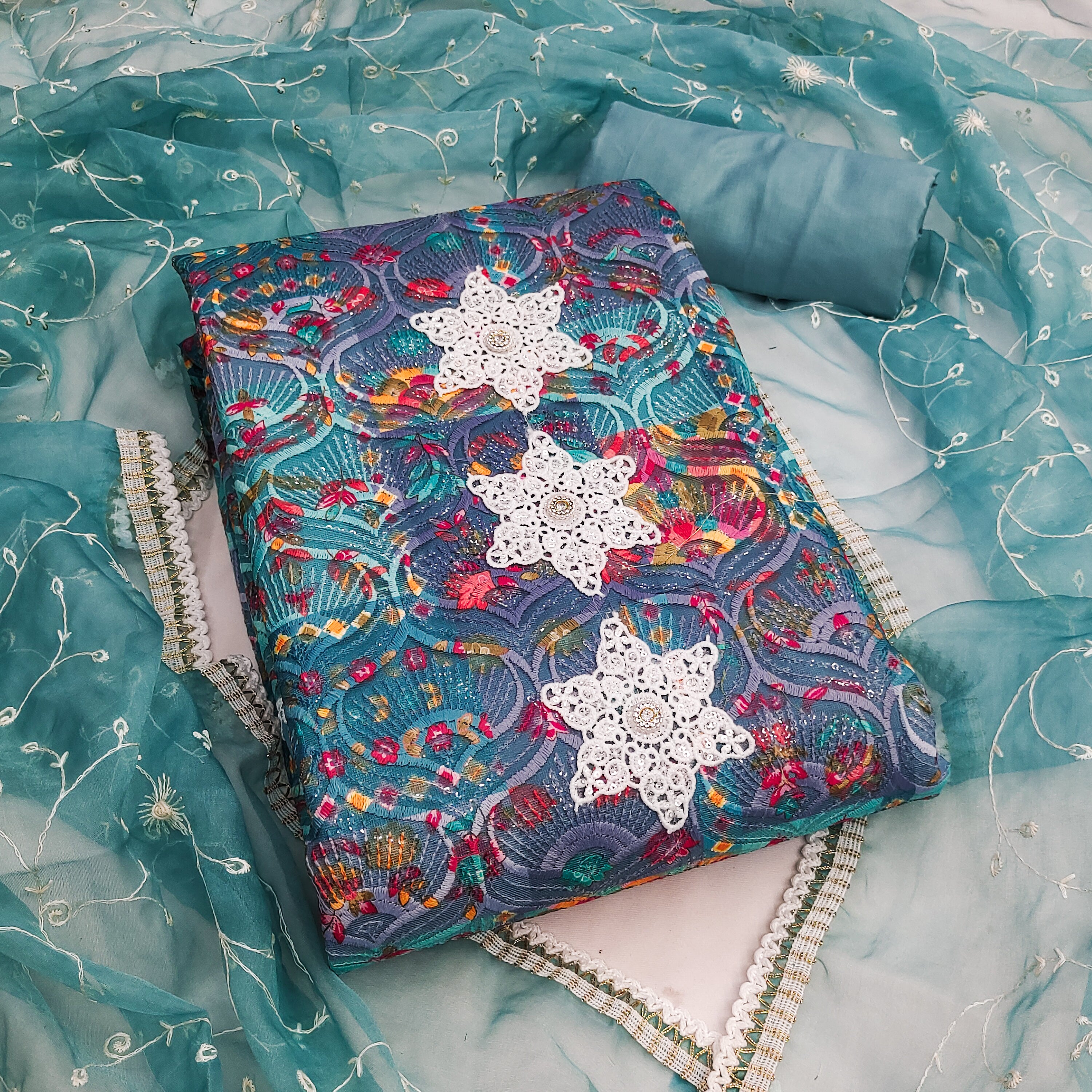 Blue Cotton silk Unstitched suit for sangeet