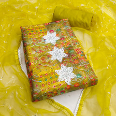 Yellow Cotton Embroidery Work unstitched suit For women