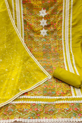 Cotton embroidery Unstitched Suit for Sangeet in yellow color