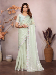 Pista Green Barbarick Silk Cutwork Saree