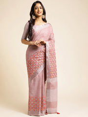 Dark Pink Linen Embroidery Saree
