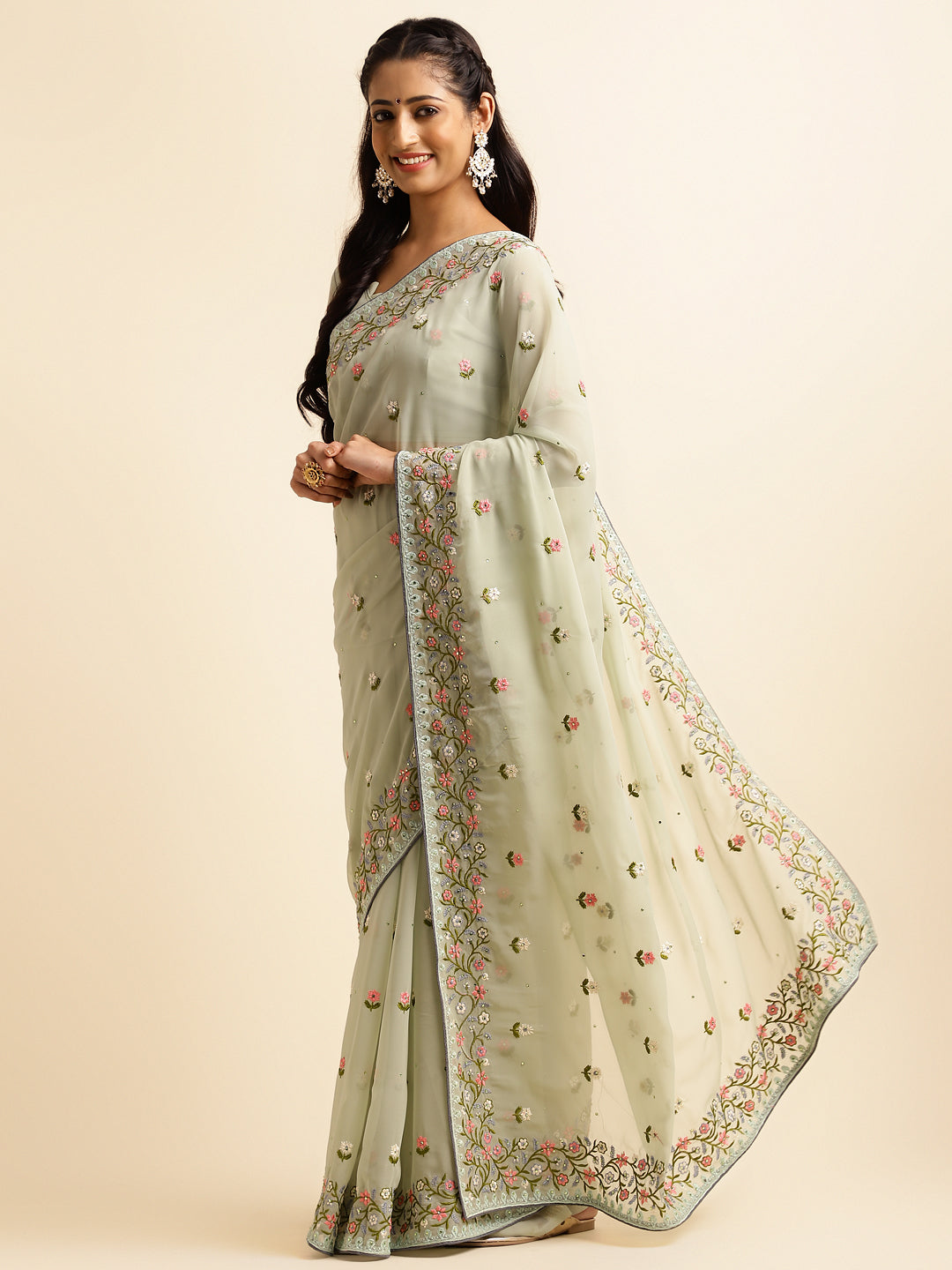 Georgette embroidery work saree for mehndi