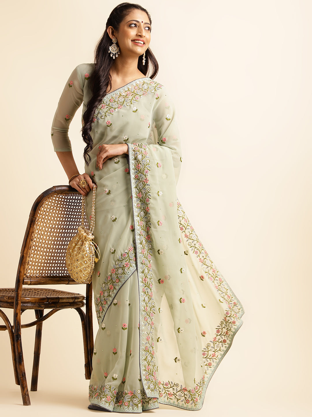 Green designer georgette embroidery saree for women