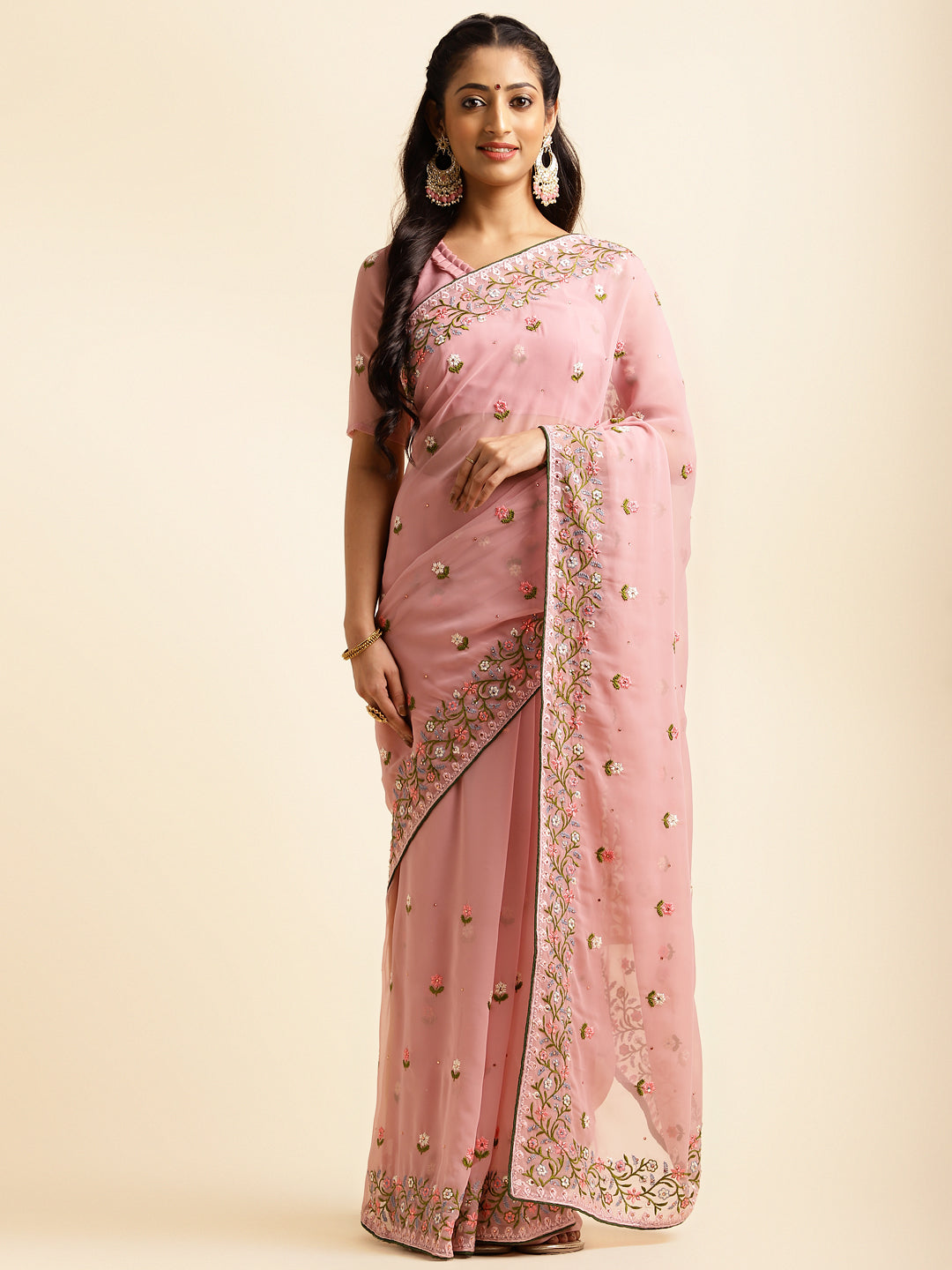 model shoot of floral georgette embroidery saree