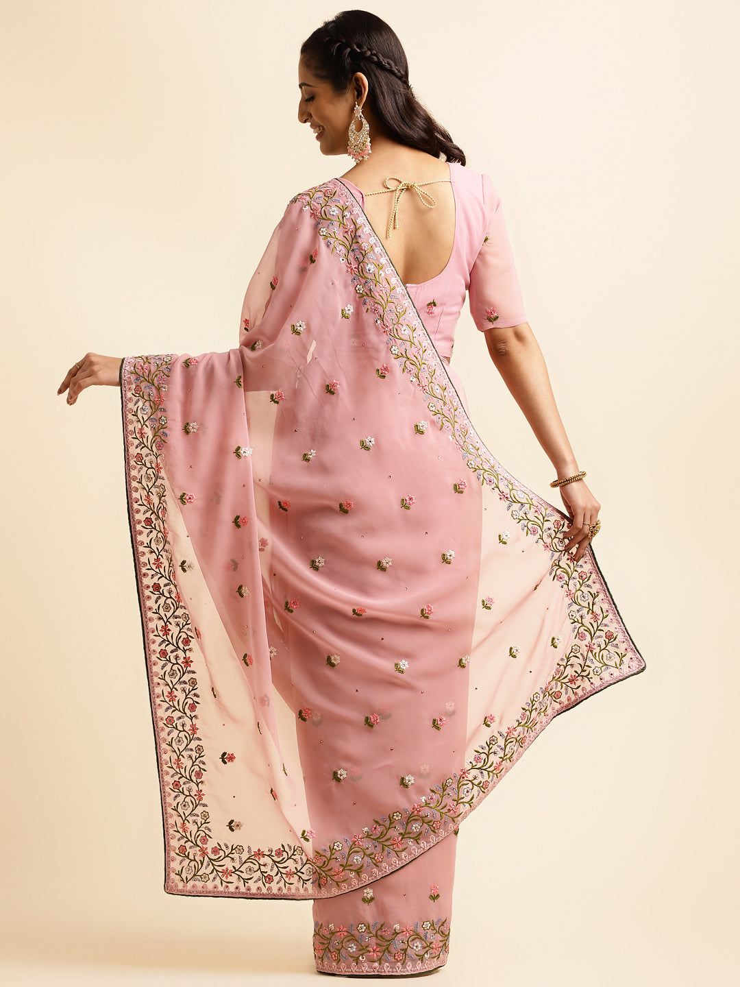 back view of georgette saree with embroidery work