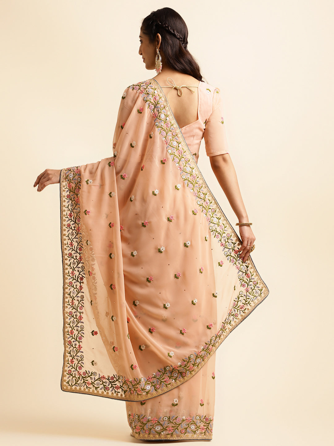 back view of georgette saree with embroidery work