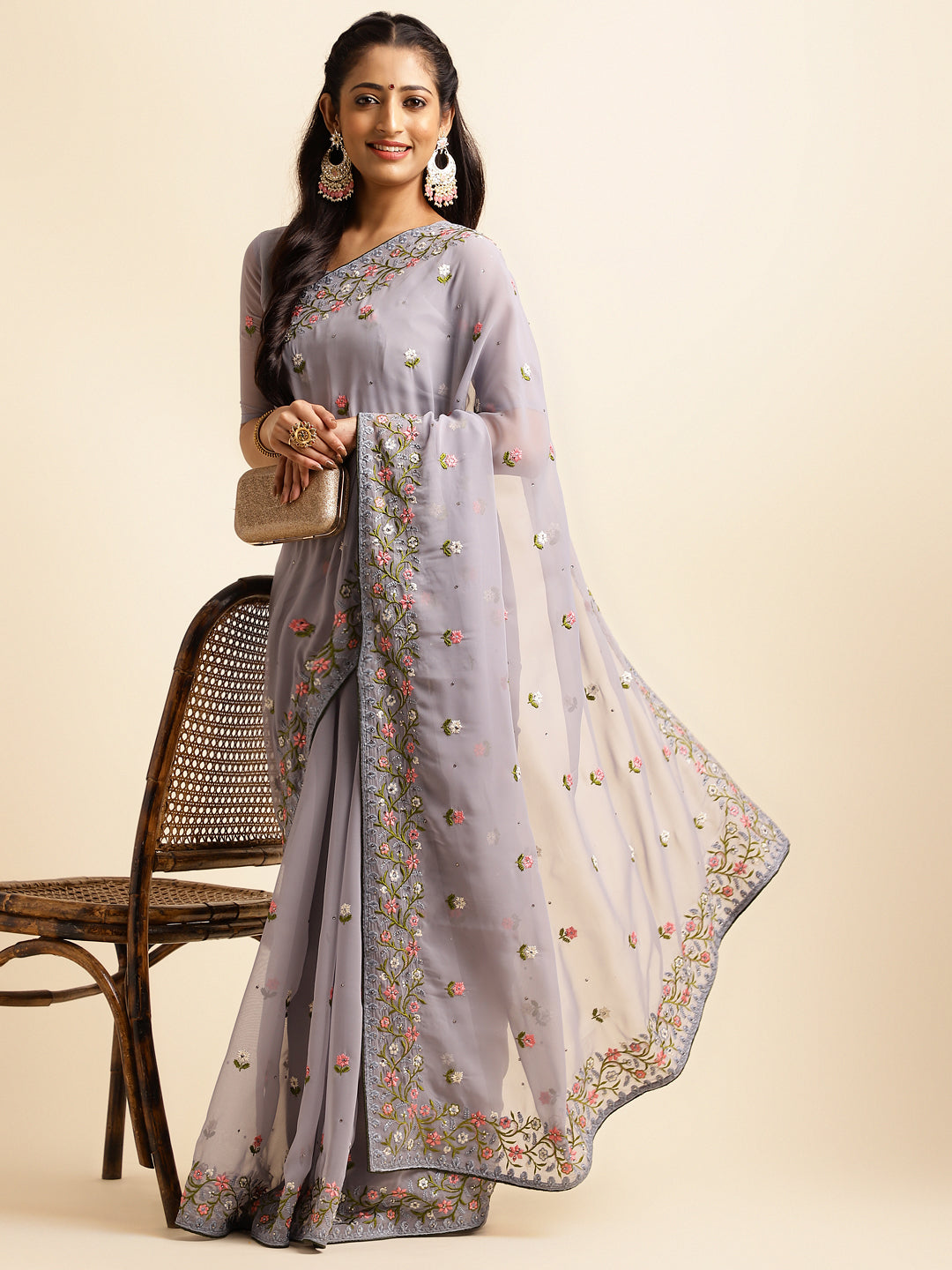 Grey embroidery work georgette saree for casual wear