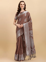 Rustic Brown Geometric Banarasi Silk Saree With Weaving Work