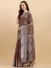 Rustic Brown Geometric Banarasi Silk Saree With Weaving Work