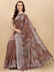 Rustic Brown Geometric Banarasi Silk Saree With Weaving Work