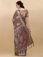 Rustic Brown Geometric Banarasi Silk Saree With Weaving Work