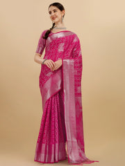 Rani Pink Geometric Banarasi Silk Saree With Weaving Work